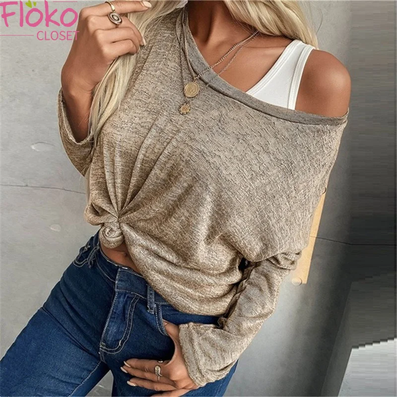 

Flokocloset Solid Color Knitted Long Sleeve Loose Casual T-shirt Autumn Spring Streetwear Women Tops