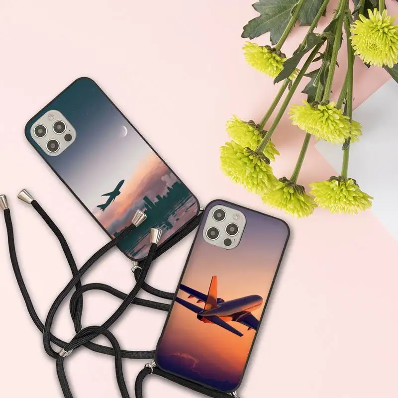

Airplane on the sunset sky Phone Case For iPhone 7 8 11 12 X XS XR MINI Pro Max Plus Strap Cord Chain Lanyard soft