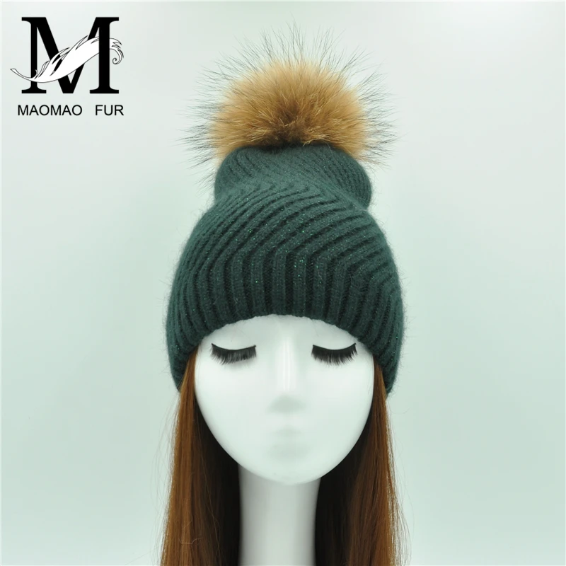 Winter Women Fur Ball Cap Real Pom Hat Water Ripple Female Wool Knitted Beanies | Аксессуары для одежды