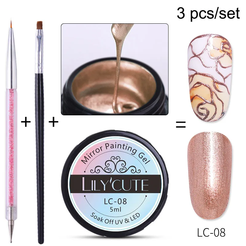 3pcs LC-08 LILYCUTE металлическое зеркало набор гель-лаков для ногтей металлическое зеркало Гель-лак для живописи Нейл-арт Рисование длительное впитывание УФ-гель - Цвет: 3pcs LC-08