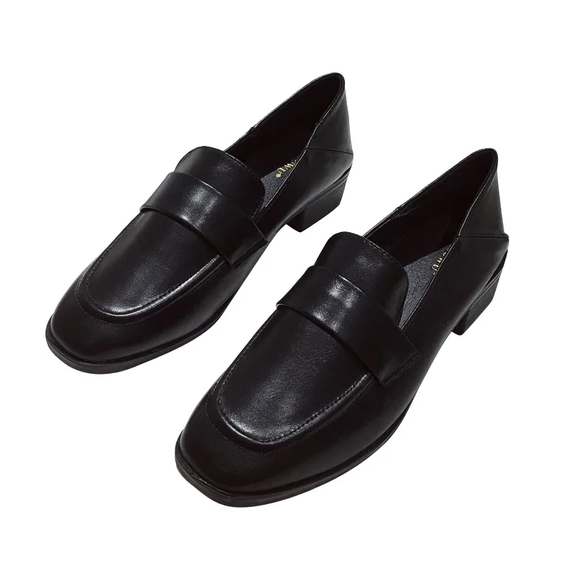 

All-Match Casual Woman Shoe Oxfords Loafers With Fur British Style Female Footwear Square Toe Leather Slip-on Preppy Dress New S