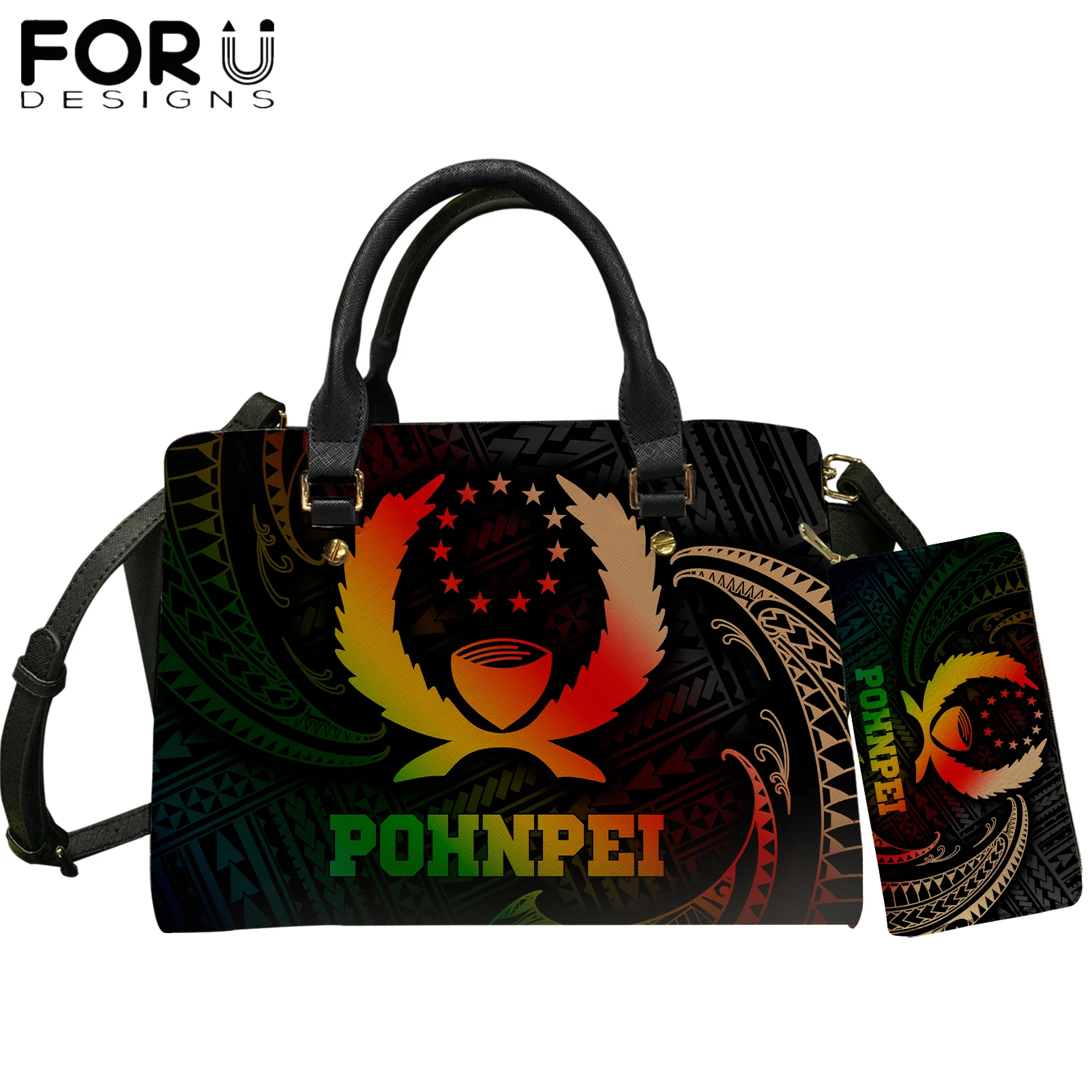 

FORUDESIGNS Pohnpei Polynesian Pattern Ladies Handbag Large Capacity Satchel Women 2pcs PU Leather Shoulder Bag Tote Bags Wallet