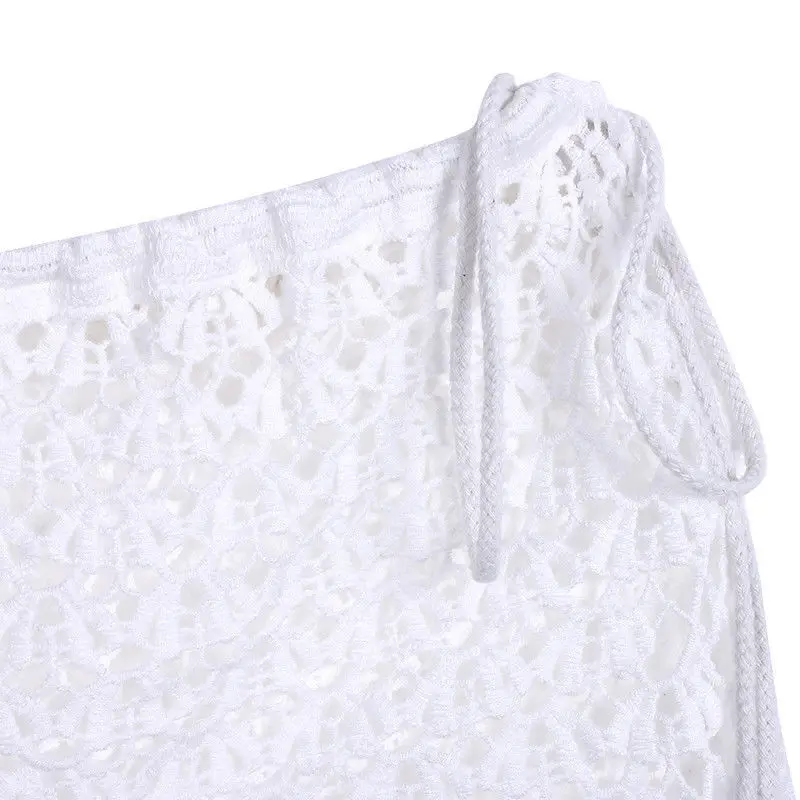 Женское пикантное ажурное бикини накидка юбка купальник однотонная вязаная