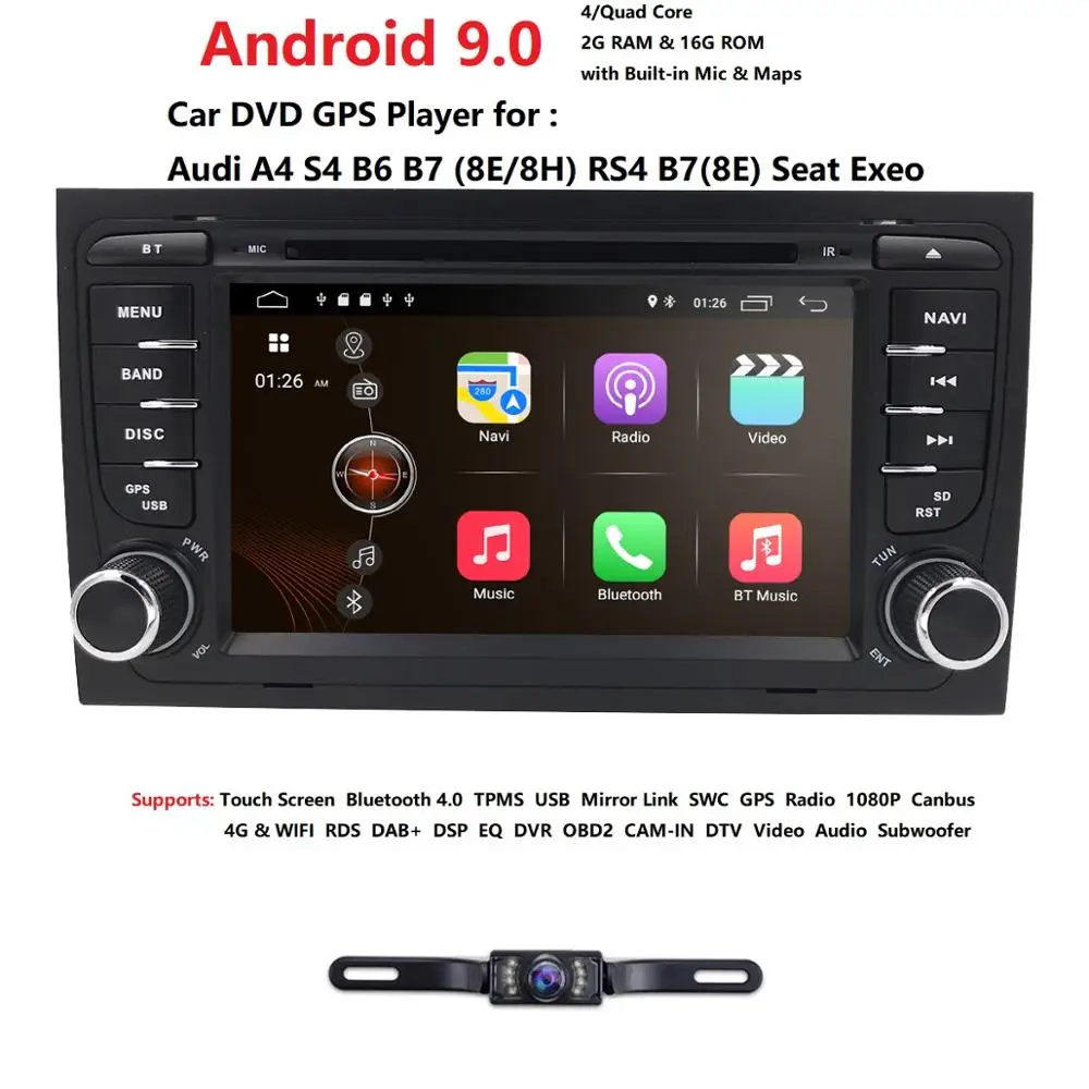 Camera1024* 600 4 ядра 2din Android 9,0 Автомобильный Dvd плеер для автомобиля Audi A4(8E/8н) 2000-2012 S4 RS4 B6 B7 сиденье Exeo gps Navi