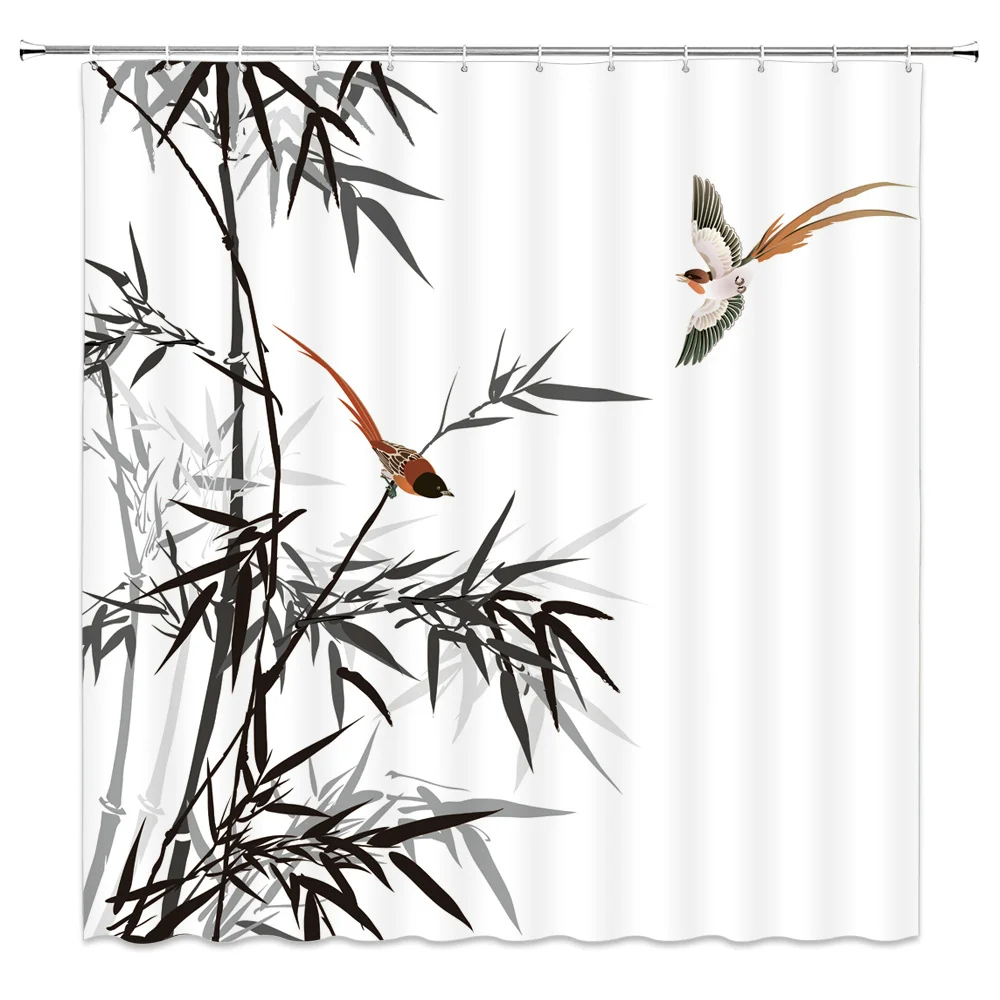 Китайский стиль занавески для душа с чернилами бамбуковые и птичьи ванной