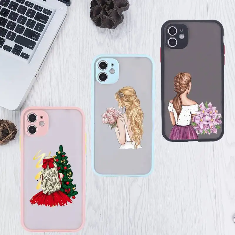 

Cute fashion girl background Phone Case For iPhone 12 11 Mini Pro XR XS Max 7 8 Plus X Matte transparent Pink Back Cover