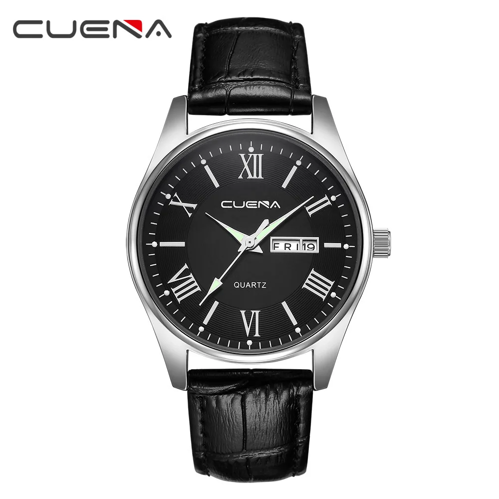 CUENA, мужские кожаные часы, кварцевые часы, модные, простой дизайн, для мужчин, 30 м, водонепроницаемые, простые, с календарем, часы, relogio masculino