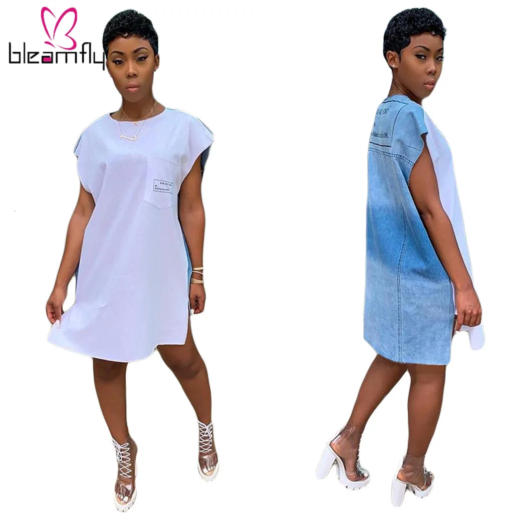 Осеннее женское платье с коротким рукавом и О образным вырезом джинсовое до