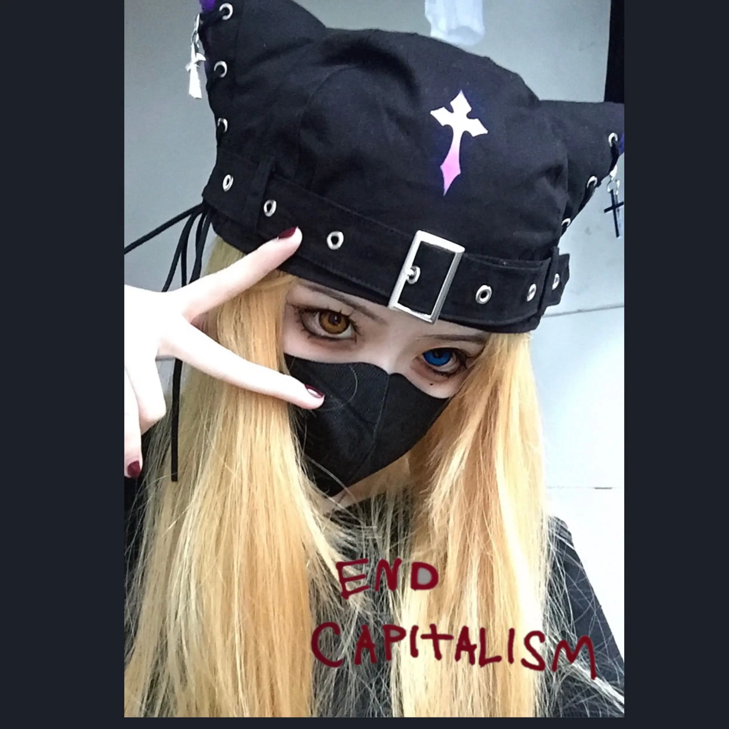 

original punk Harajuku Gothic Cat Ear Cross Black Beret Hat Women Casual Rock Bucket Hat Chic Streetwear Hip Hop Designer Caps