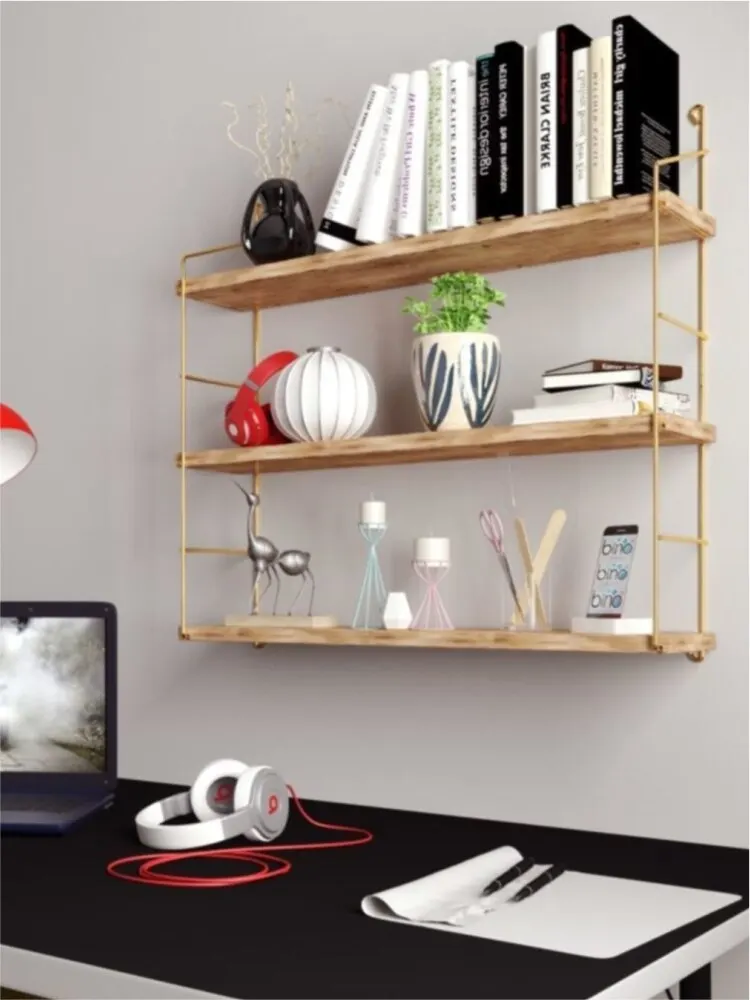 

Bino 3 Pcs Wall Shelves Solid Gold Color Stainless Plated Bookcase Solid Wood Decorative Kitchen Bathroom Bookshelf Home Natural