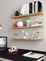 Bino 3 Pcs Wall Shelves Solid Gold Color Stainless Plated Bookcase Solid Wood Decorative Kitchen Bathroom Bookshelf Home Natural