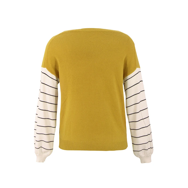 Lossky Women Striped Patchwork Pullover Sweater Female V-neck Fashion Autumn Winter Long Sleeve Clothing Yellow Ladies Top 2019 | Женская