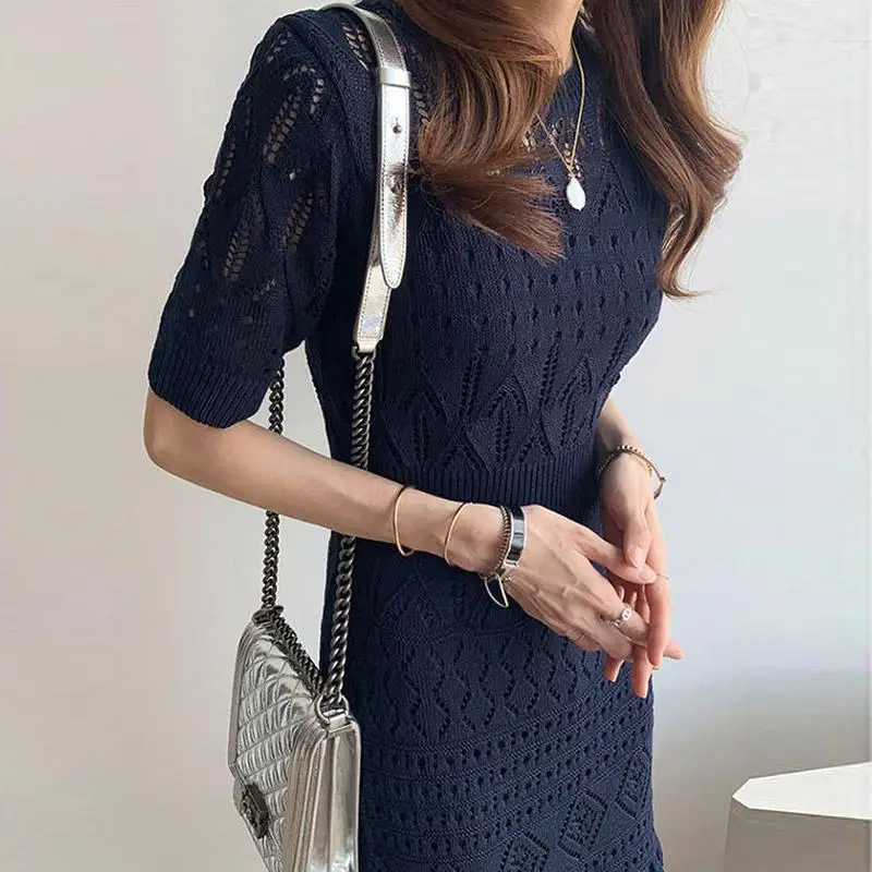 ZAWFL Elegant Woman Hollow-out Knit Dress Round Collar Slim Short Sleeve Crotchet Trumpet Vestidos + Sling 2pcs Set | Женская одежда