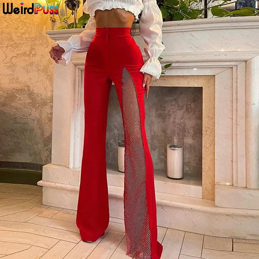 

Weird Puss Y2K Patchwork Pants Women Mesh Autumn Elegant Chic Skinny Flare Trousers Streetwear Wild Basic Slim 2021 Trend Bottom