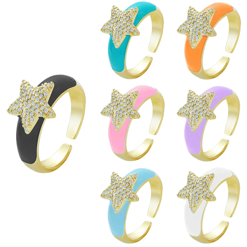 Женское кольцо с эмалью и звездами регулируемое разных цветов Ювелирное