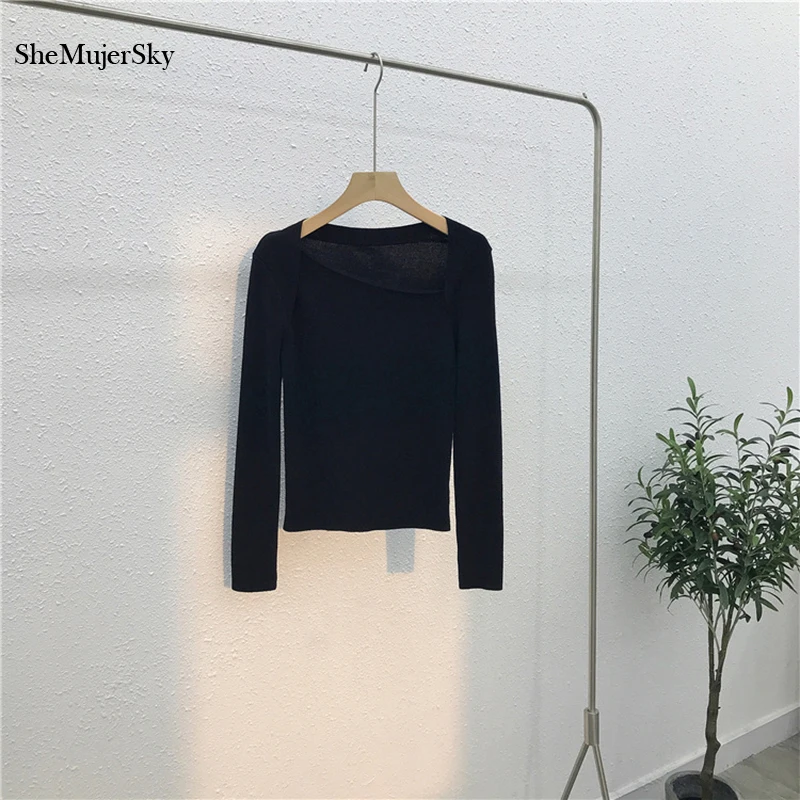 

Женские винтажные черные топы SheMujerSky 2021, вязаные эластичные облегающие блузки с квадратным воротником и длинным рукавом, рубашки