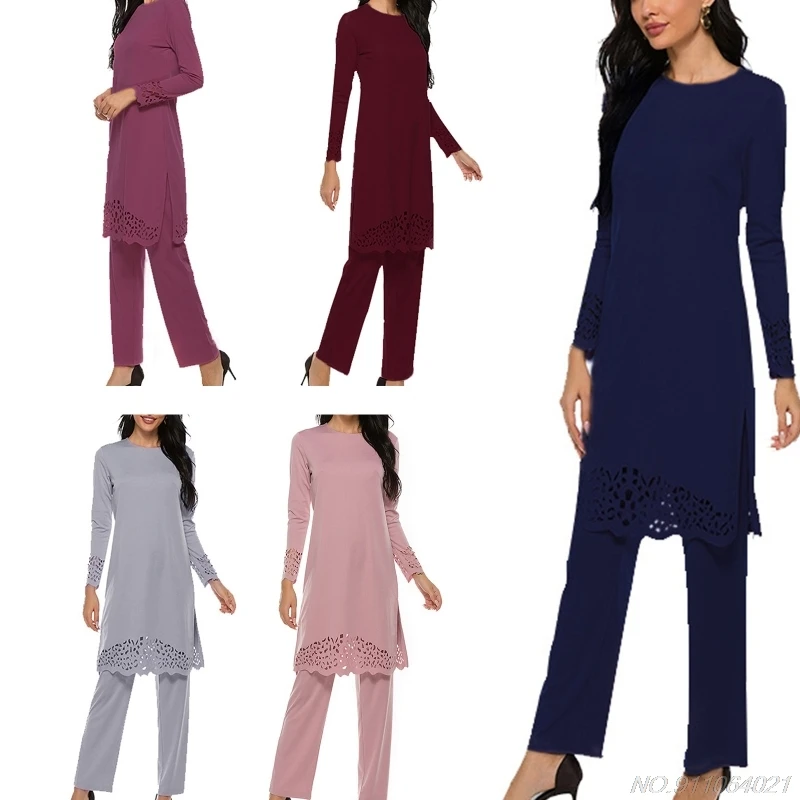 

Women Muslim 2 Pcs Outfit Hollow Out Split Long Sleeve Tunic Tops Pants Set Solid Color Abaya Dress Hijab Robe Kaftan Wholesales