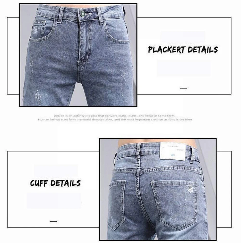 Distressed Destroy Hole Light Blue Elastic Men Jeans Lightweight Slim Fit Denim Pencil Pants Jogger Korean Style Brand Trousers