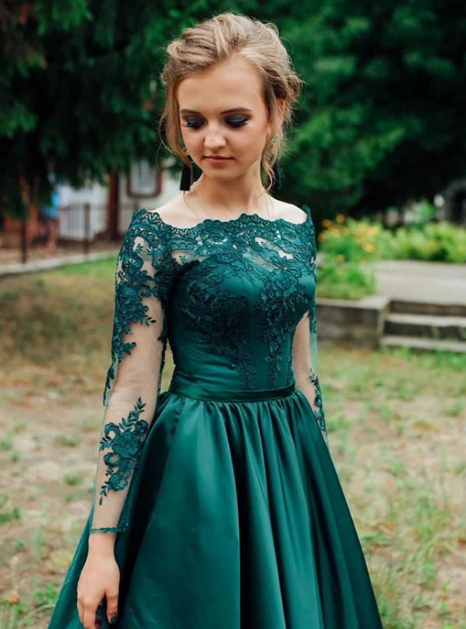 VKbridal Зеленое Атласное Вечернее платье 2019 элегантное ТРАПЕЦИЕВИДНОЕ ПЛАТЬЕ
