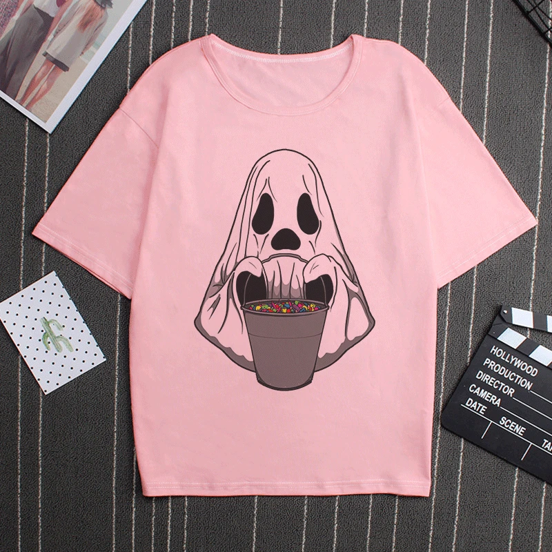 Летняя Новая Винтажная футболка для Хэллоуина забавная модная розовая с круглым