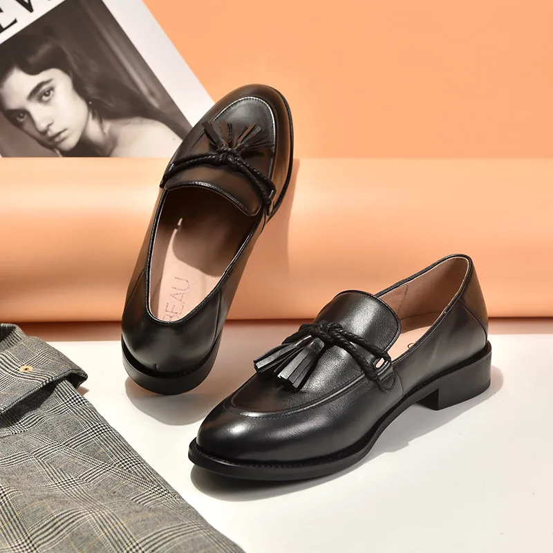 BeauToday/женские лоферы с кисточками Обувь из телячьей кожи на плоской подошве в