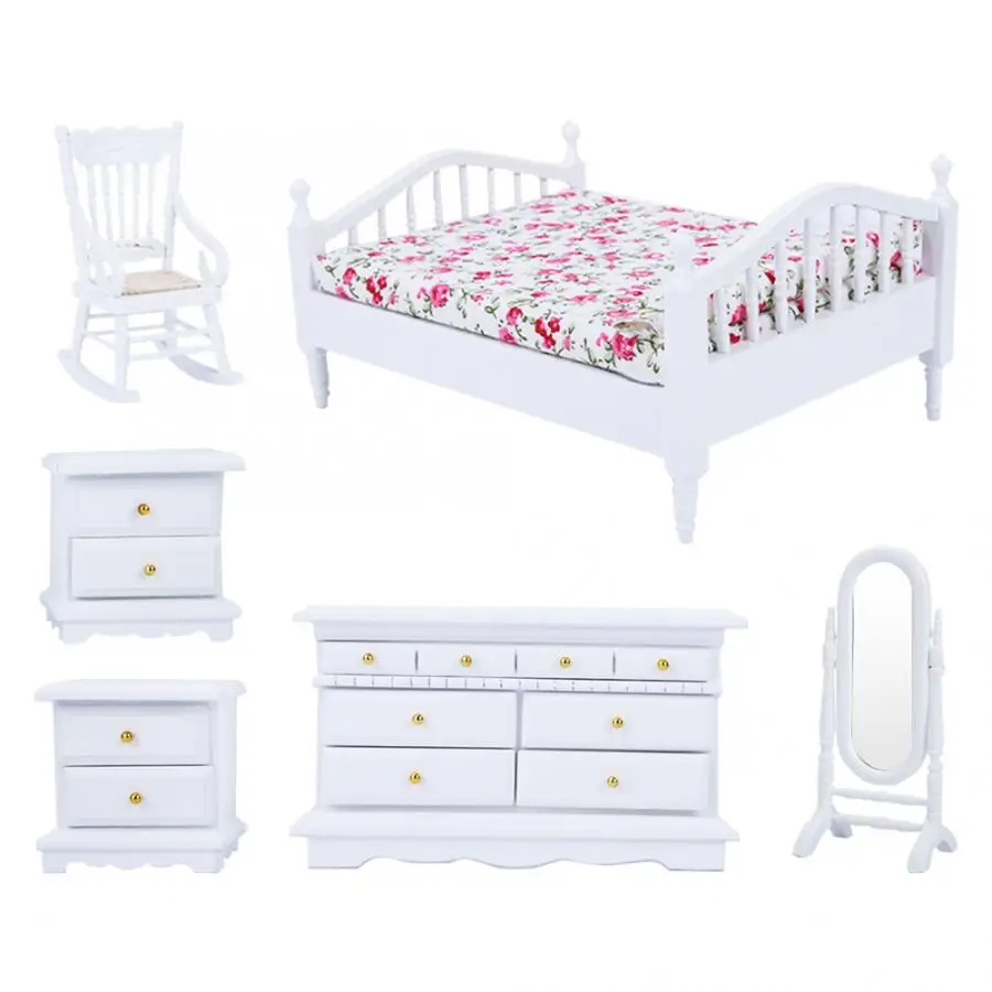6pcs Bedroom A 6 шт. миниатюры имитация кукольный домик деревянная мебель для 1:12 куклы мини деревянный набор мебели для гостиной столовой - Цвет: 6pcs Bedroom A