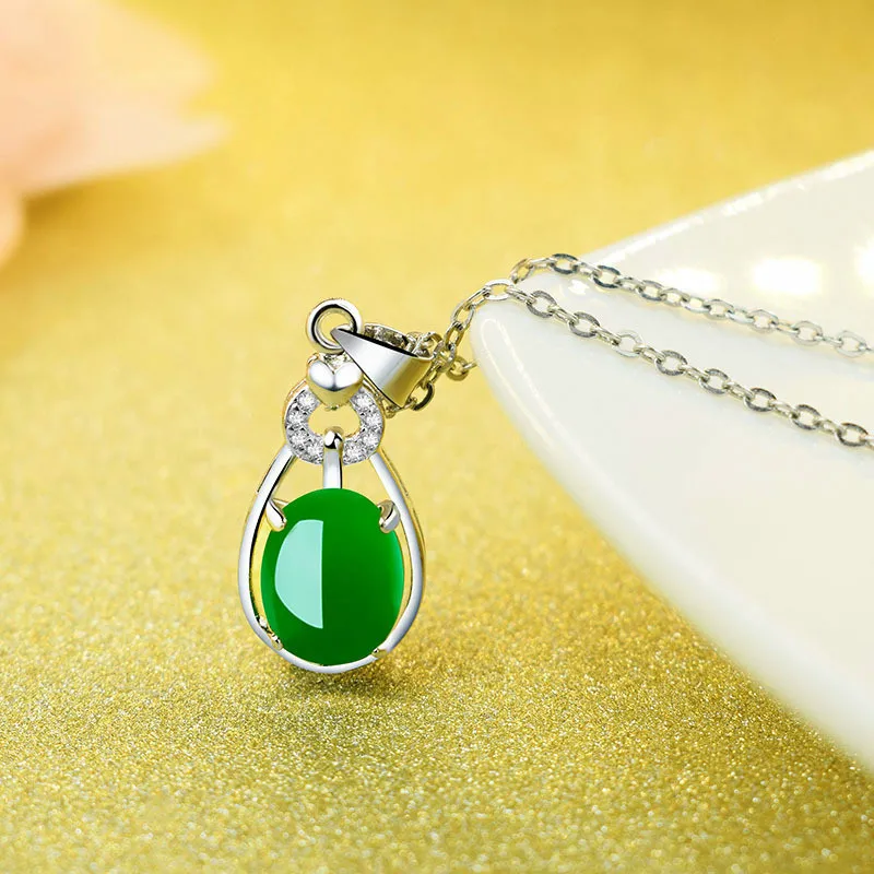 Популярные 925 серебро Овальный зеленый нефрит кулон ожерелье халцедон агата Шарм