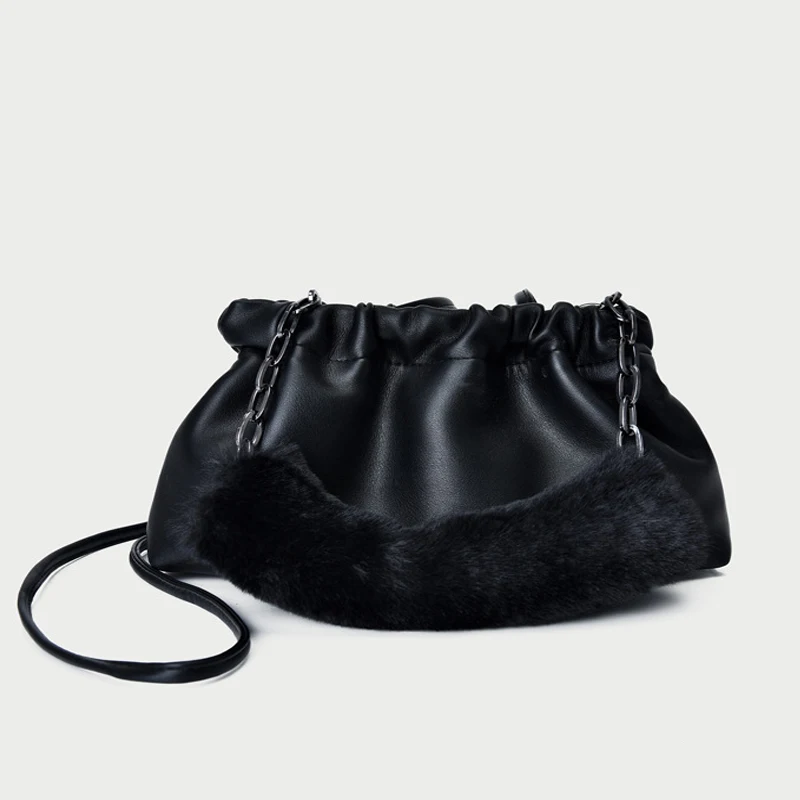 

Faux Fur Handle Cloud Bag PU Leather Crossbody Bags For Women 2021 New Winter Lady Shoulder Handbags And Purses Female Hand Bags