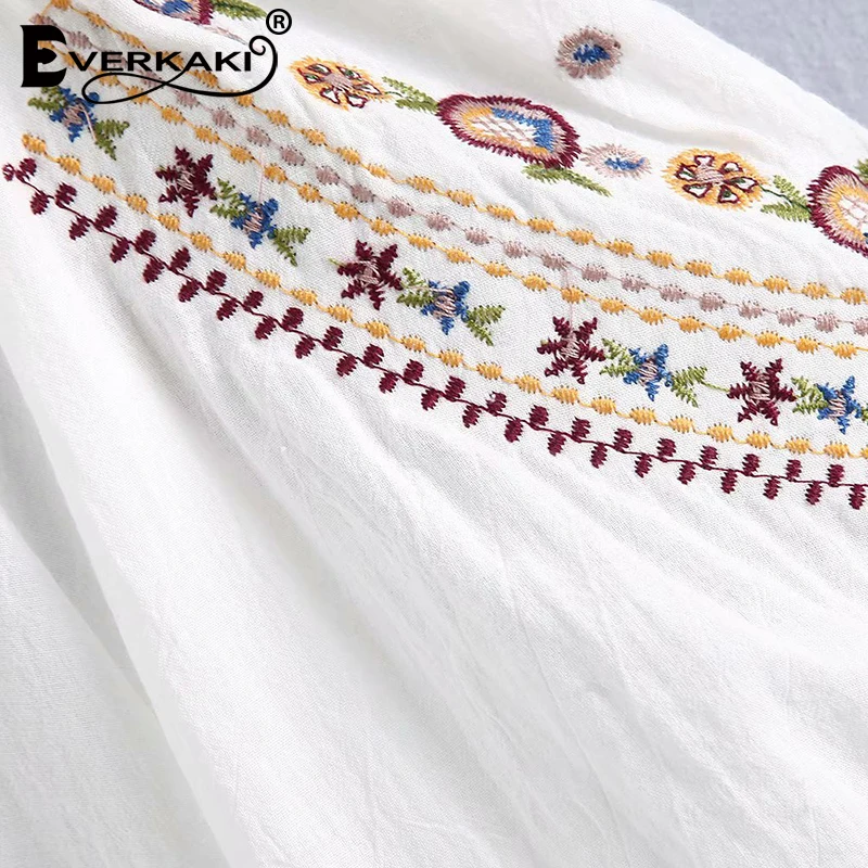 Everkaki Boho вышитые Хлопковые женские рубашки, футболки, топы, однотонные белые женские блузки с коротким рукавом, рубашки, женские топы Осень новинка