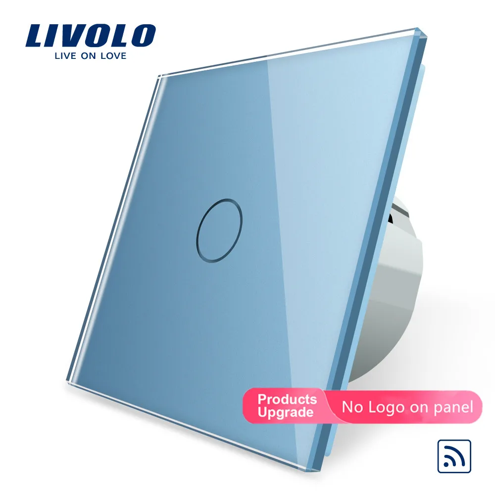 Blue-No logo Livolo/Стандартный настенный светильник дистанционный сенсорный переключатель, 1gang 1way, Стекло Панель, 220~ 250 V, C701R-1/2/3/5, без пульта дистанционного управления, без логотипа - Цвет: Blue-No logo