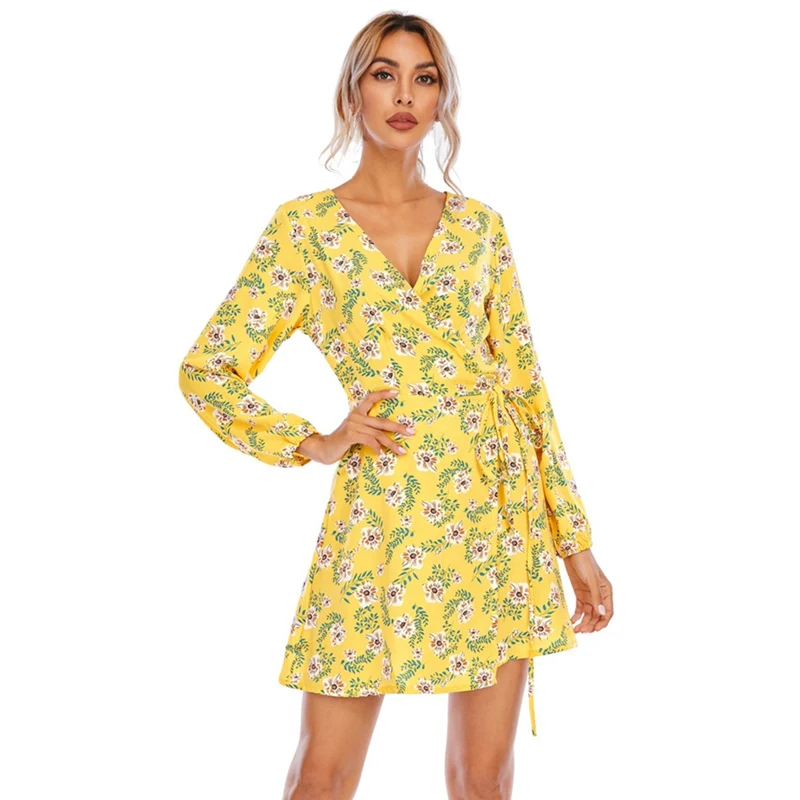 

Women V Neck Casual Print Wrap Dresses Summer Lantern Sleeve Party Dresses A Line Dress