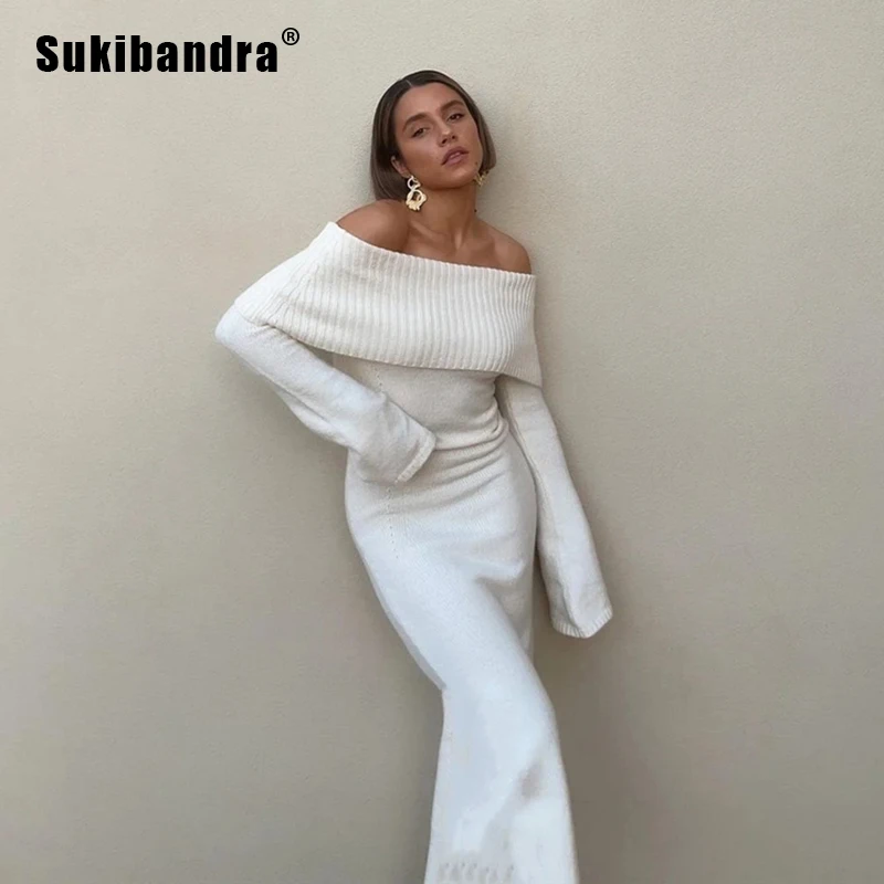 

Sukibandra 2021 весенние пикантные туфли с открытыми плечами, белое платье, свитер для женщин элегантное платье с длинными рукавами и облегающая ю...