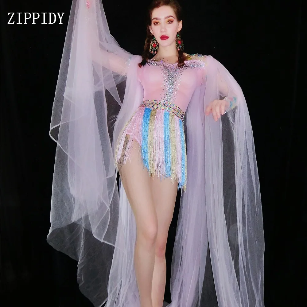 2019 Colorful Fringes Rhinestones Bodysuit Long Mesh Cloak Stage Dance Costume Nightclub Dance Female Singer Show Leotard