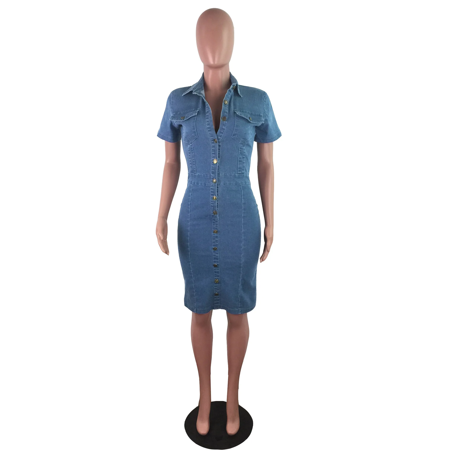

Denim Dress Women Summer Fashion Turn-down Collar Short Sleeve Bodycon Dress Female Vintage Single-breasted Knee-Length Dresses