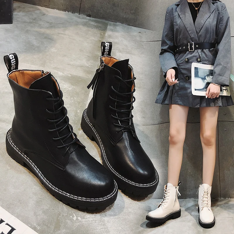 

2020 Boots Women Black Leather Motorcycle Cowboy Platform Boots Punk Combat Ankle Boots Women Shoes Size 40