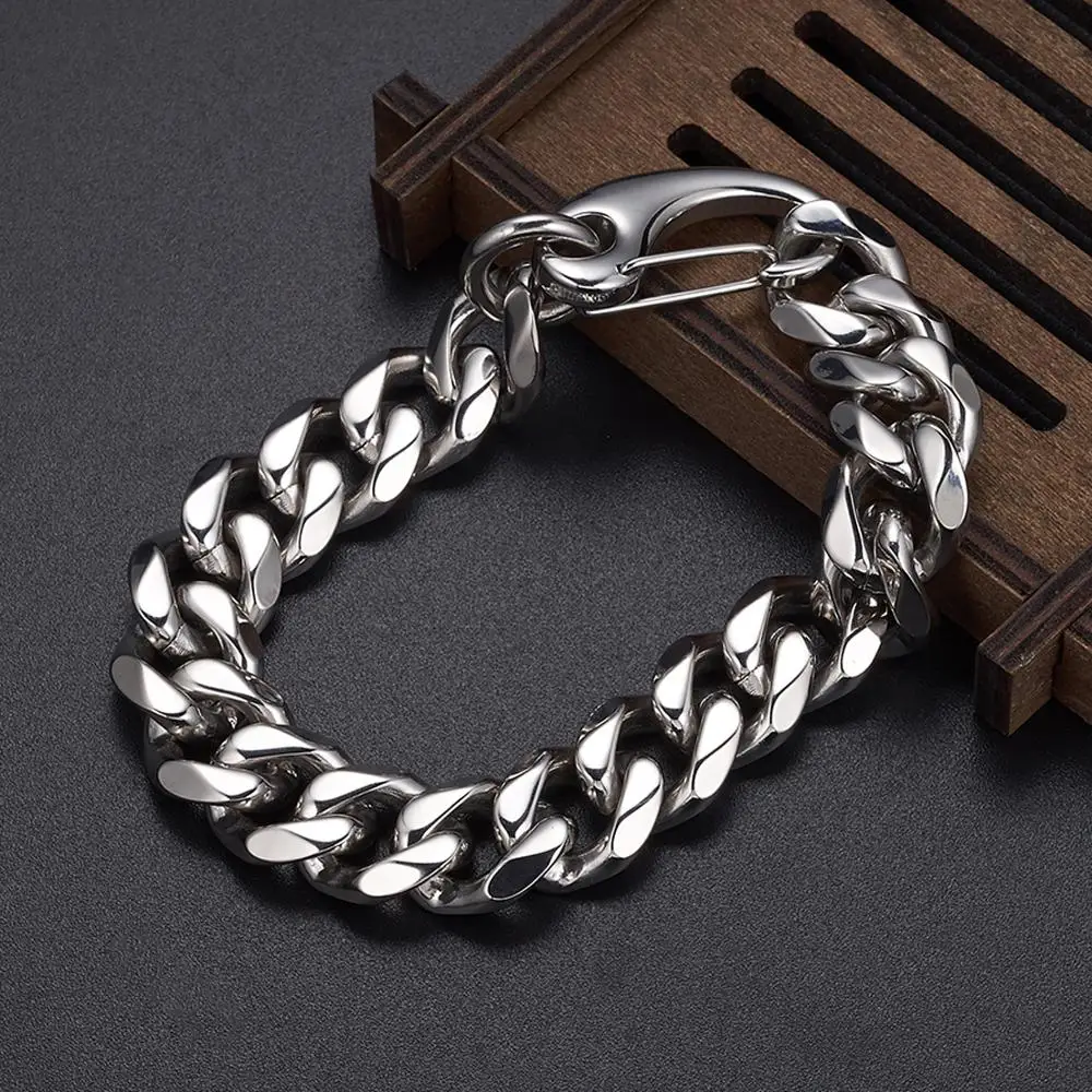 

13/15/17/19mm Strong Metal 316L Stainless Steel Silver Color Polished Curb Cuban Chain Mens Bracelet Bangle 7-11" New Design