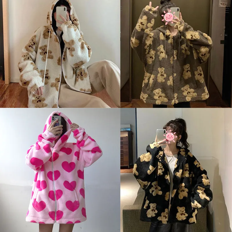 

Милые толстовки, осенние женские толстовки большого размера из овечьей шерсти, мешковатые толстовки на молнии с длинным рукавом, Милая женс...