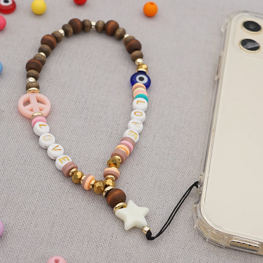 go2boho chain for phone charm beads chains cell phone cord accessories peace sign jewelry wood beads straps 2021 mobile lanyard free global shipping