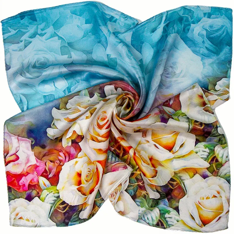 High-quality Pure Silk Scarf Women Bandana Female Hair Top Women's Natural Square Headband Head for Rose |