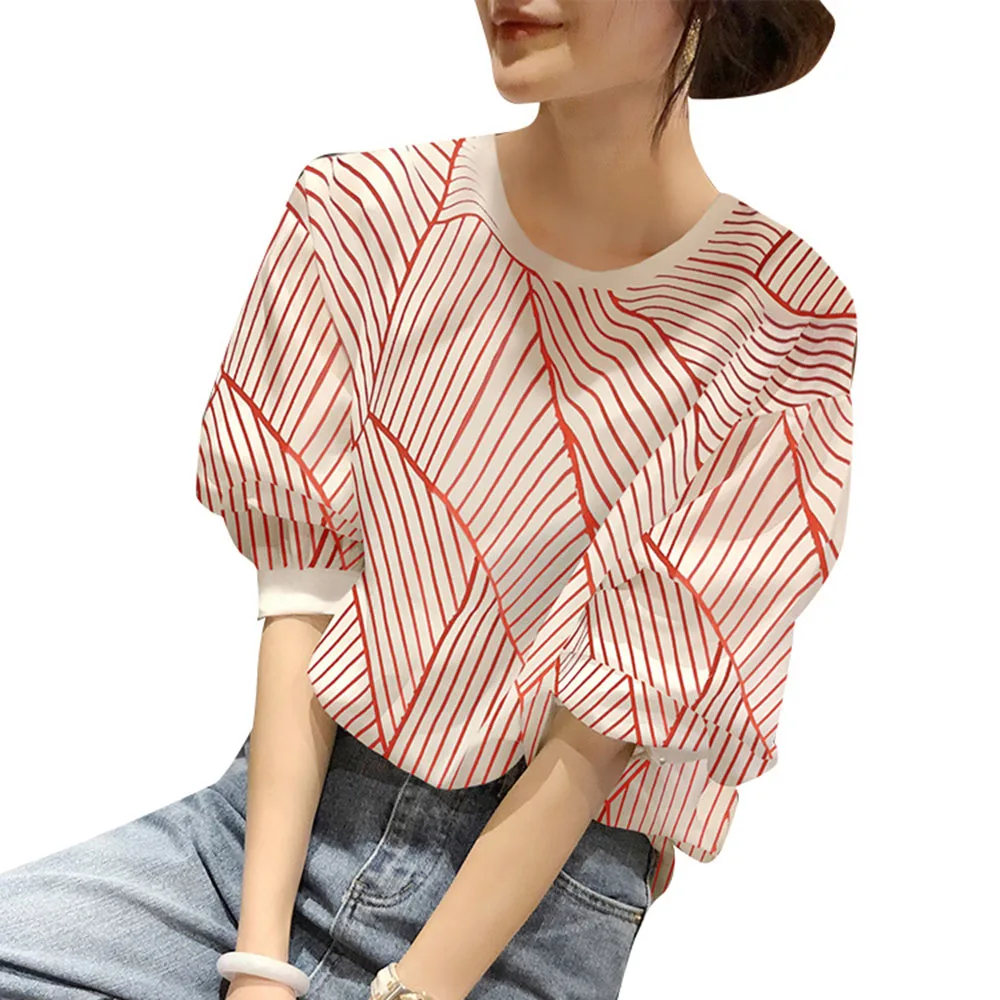 Блузка женская в красную полоску тонкая рубашка с коротким рукавом и буффами на