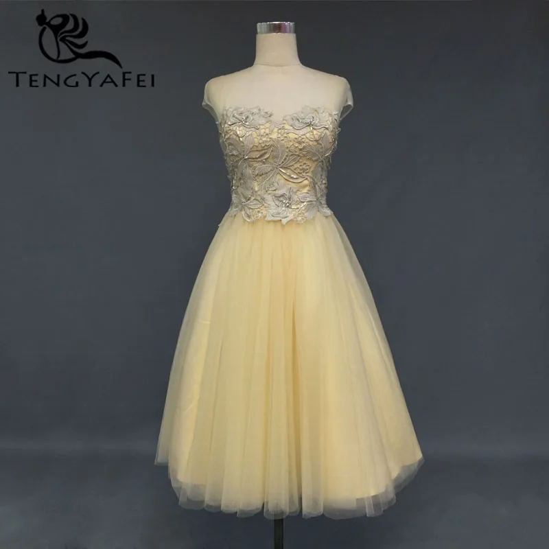 

sweetheart Prom gown a-line lace 2018 knee-length vestido de festa yellow tulle robe demoiselle d'honneur bridesmaid dresses