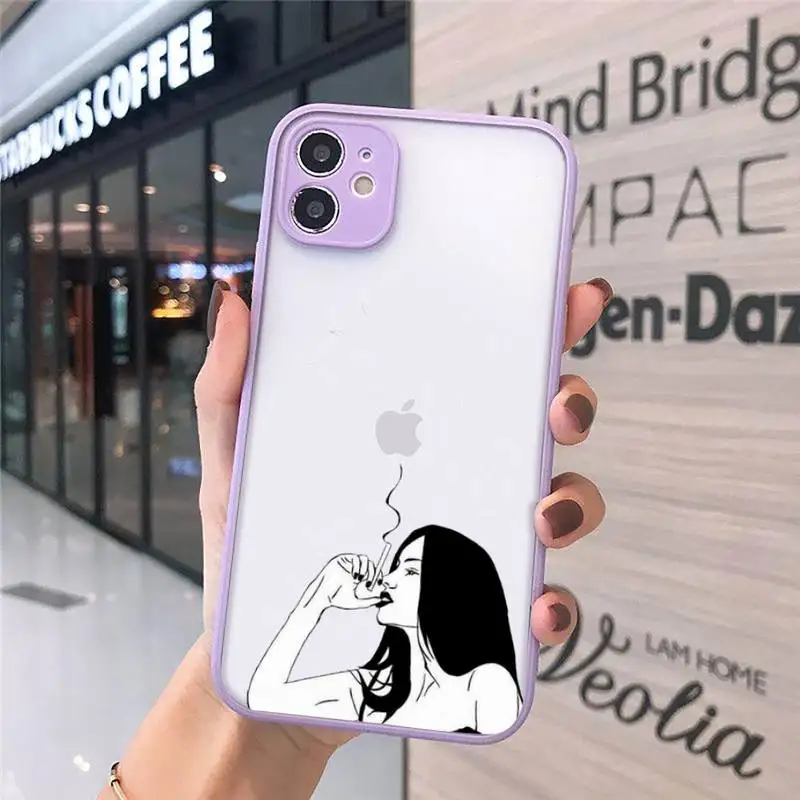 

Phone Case For iPhone 12 11 Mini Pro XR XS Max 7 8 Plus X Matte Cool smoking heartbreaker girl transparent Purple Cover