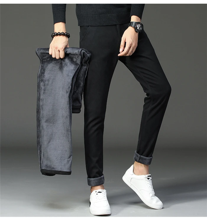 Зимние новые мужские теплые повседневные брюки бизнес мода Slim Fit стрейч плотные брюки мужские брендовые хаки ВМФ серые брюки
