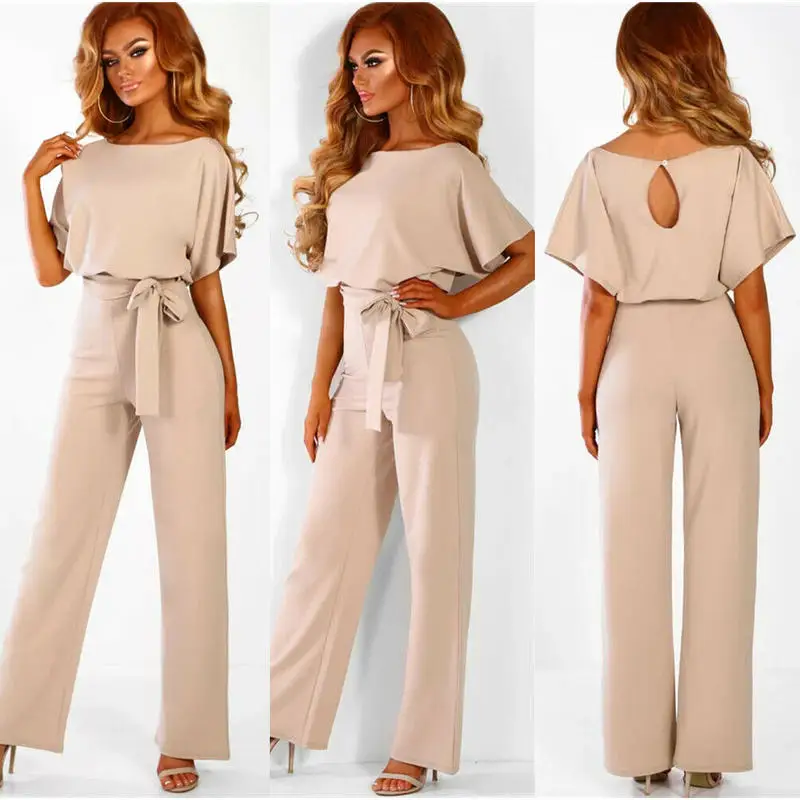 

Women's Summer Jumpsuit Casual Short Sleeve Solid Color Playsuit Round Neck High Waist Elegant Lace-up Jumpsuit Romper