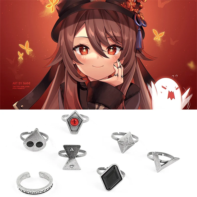 

7pcs Genshin Impact Hutao Cosplay Rings Game Characters Hu Tao Same Adjustable Metal Ring For Men Women Props Jewelry wholesale