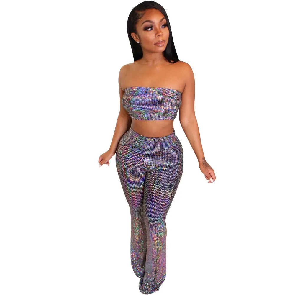 Сексуальный Серебряный Блестящий Комбинезон из двух частей Однотонный женский