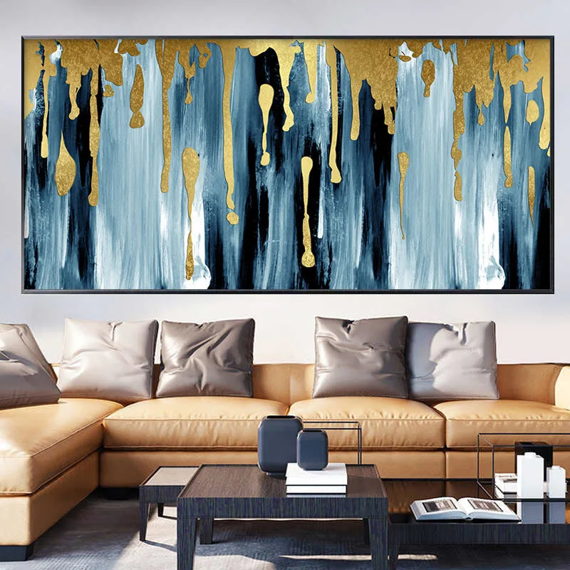 100% Hand Painted Nordic Flow Gold Blue Abstract Oil Painting On The Wall Canvas Painting Art Picture For Living Room Home Decor