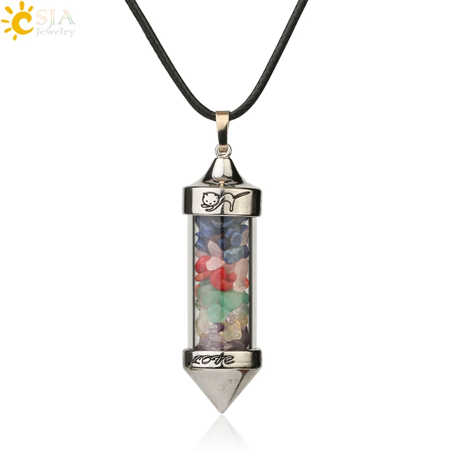 7 Chakra Chain Csja желая Подвески с флаконами ожерелья натуральный камень Гравий в форме пули кулон Романтическая любовь юбилей подарок для женщин G184 - Окраска металла: 7 Chakra Chain