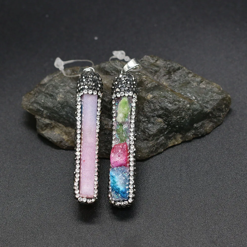 Natural Stone Pendant Rectangle Shape Crystal Set Drill Exquisite Charm for Jewelry Making DIY Necklace Earrings Accessories | Украшения и