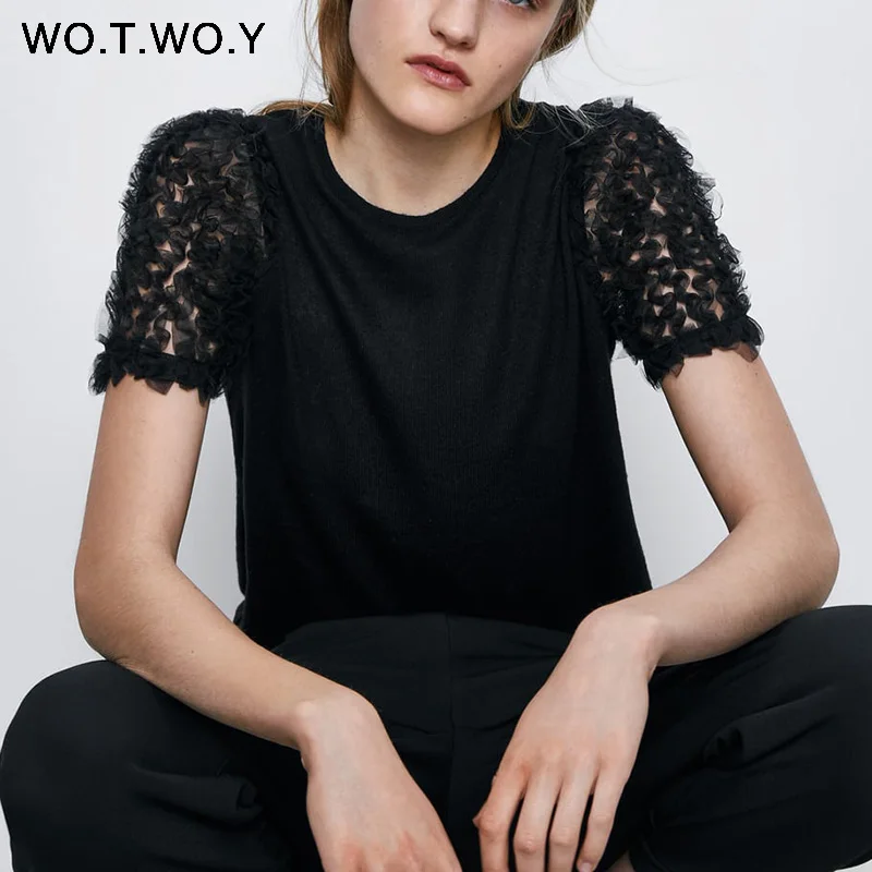 Женская Кружевная футболка WOTWOY повседневная черная облегающая хлопковая